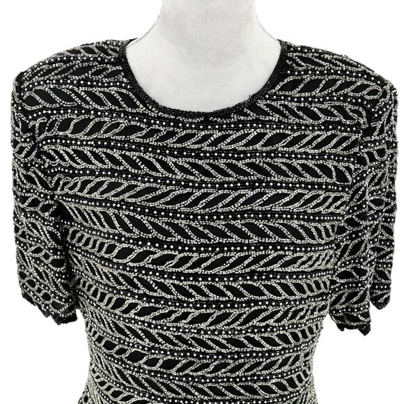 Laurence Kazar Top Plus Size 2X XXL Black Silk Blouse Silver Beads Vintage - Picture 7 of 13